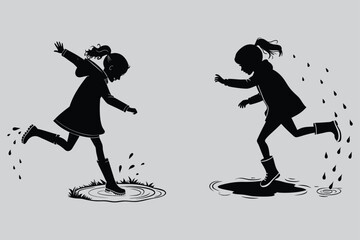 girl jumping into a puddle with boots silhouette vector design art and illustration