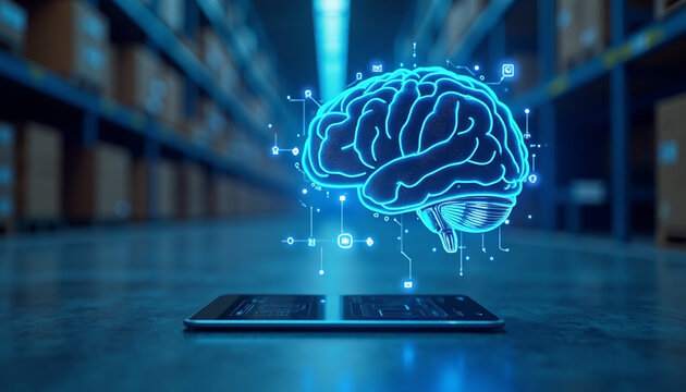 Futuristic digital brain concept visualizing data processing and warehouse automation system