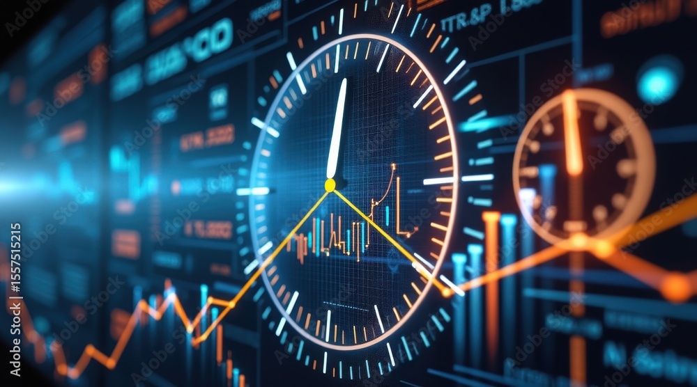 Aufkleber digital clocks and stock market graphs merge, illustrating real-time financial data and trading acti