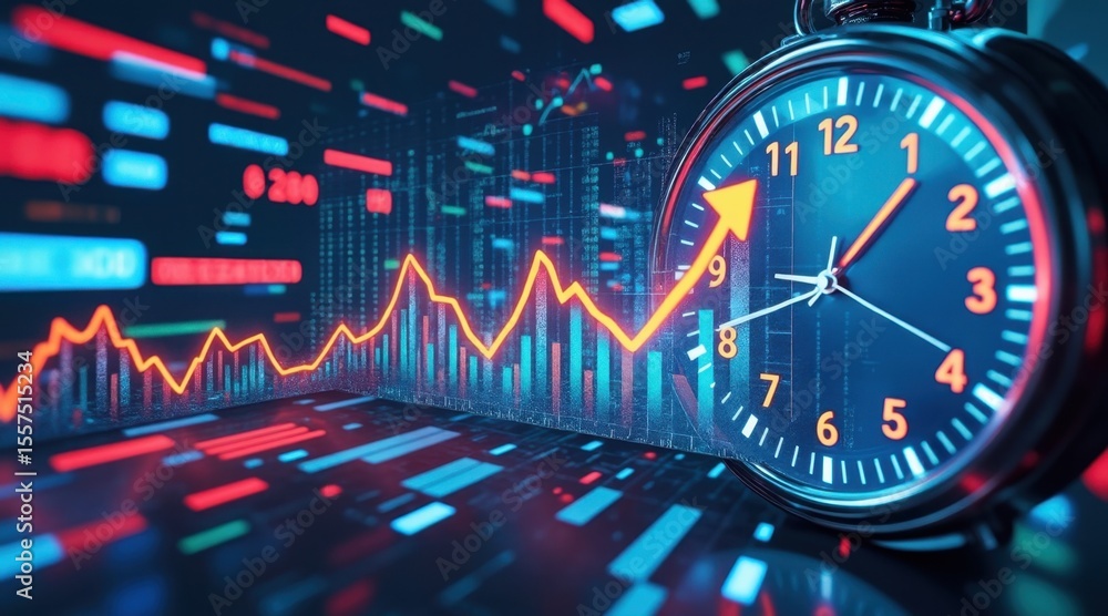Poster a dynamic stock market graph with rising trends overlays a clock, symbolizing time-sensitive financi