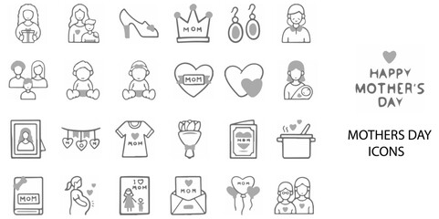 Mothers Day simple concept 24 hand drawn Grew color icons set .Vector illustration.	