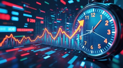 A dynamic stock market graph with rising trends overlays a clock, symbolizing time-sensitive financial growth in a high-tech digital environment.