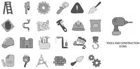 Tools and Construction simple concept 24 hand drawn Grew color icons set .Vector illustration.	