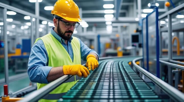 A worker wearing safety gear inspects a conveyor belt in a modern industrial factory setting.