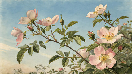 Delicate Pink Wild Roses in Full Bloom Vintage Botanical Illustration on Light Blue Background Captivating Floral Art