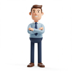 Obraz premium Friendly cartoon businessman with brown hair and blue shirt stands with arms crossed isolated on white background