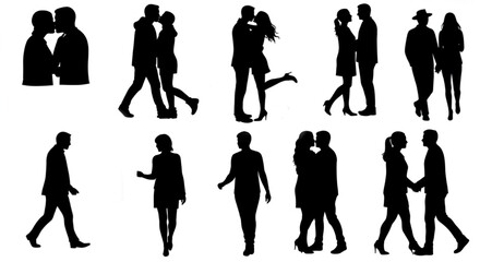 Obraz premium Romantic Couple Silhouettes Vector Set - Love and Relationship Graphics for Wedding and Dating Designs