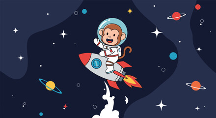 Fototapeta premium Cute Cartoon Monkey Astronaut Riding a Rocket Ship Through Outer Space with Planets and Stars