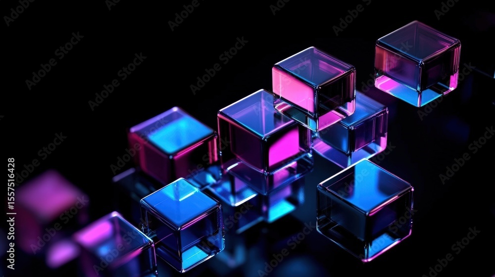 Poster transparent cubes illuminated with pink and blue neon light on a reflective surface create a futuris