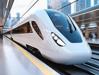 Fototapeta premium Next-generation high-speed rail train moving swiftly through an urban landscape captured in stunning clarity