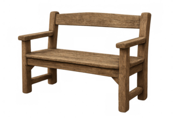 Rustic wooden bench isolated on transparent background, ideal for architectural visualizations or design projects