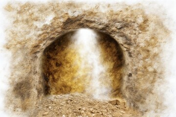 Mysterious Tunnel Entrance with Light and Smoke Surrounded by Earth and Stone Texture