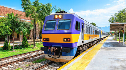 Naklejka premium A cutting-edge train arriving at a busy train station showcasing modern ticketing systems and passenger experience