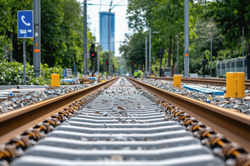 Urban train track leading towards a modern building with clear skies above and open space around