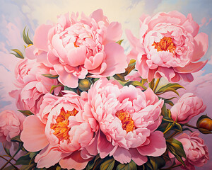 Oil painting of pink peonies in full close-up.
Each petal is captured with expressive brushwork.
Romantic floral still life with timeless appeal. Ideal for floral designs, greeting cards, prints elega