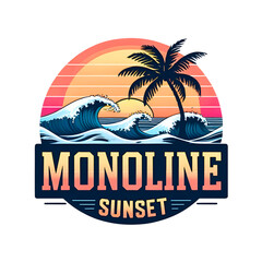 Retro surf beach sunset with palm tree and crashing waves graphic design