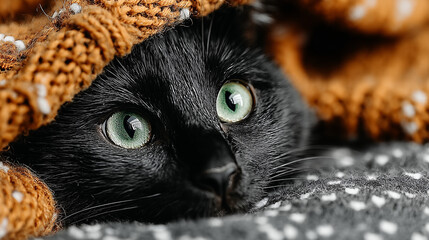 tiny black cat sitting on a bed covered with knitted brown blanket that only its head with big green eyes stick out 