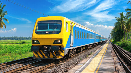 Obraz premium Majestic train on railway track surrounded by scenic landscape in high quality 8k for captivating documentary style