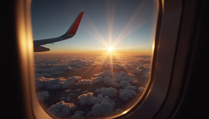 Airplane wing with sunset over clouds seen through window