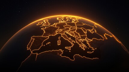 Glowing outline of Europe on planet Earth against a dark starry background showing city lights