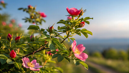 Pink Wild Rose Blossoms in Golden Light A Serene Nature Scene with Buds and Greenery Against a Soft Sky