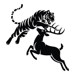 Obraz premium Black and White Stylized Tiger Attacking a Deer Wildlife Graphic Design animal