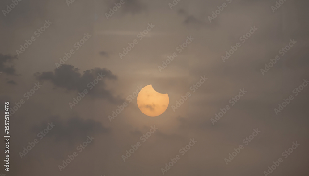 Poster solar eclipse partially visible behind dark clouds in the evening sky