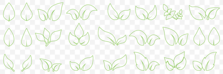 Flat Green Leaf Icon Set – Eco, Bio, Vegan Symbols for Nature and Organic Design in Editable Stroke on Transparent Background. EPS 10.