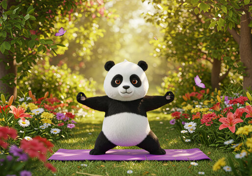 Cute cartoon panda doing yoga on a mat in a sunny garden with flowers and butterflies