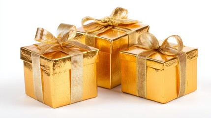 Three golden gifts wrapped in shimmering ribbons sit against a pristine white backdrop, ready for a special holiday surprise.