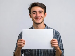 smiling man holding blank white sign for copy space, studio lighting on white background 

