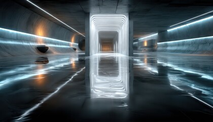 Futuristic tunnel with glowing lights and reflective surfaces