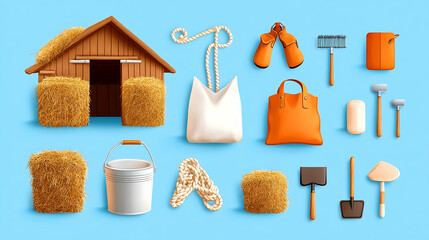 Farm tools, hay bales, barn, blue background, rural scene, website design