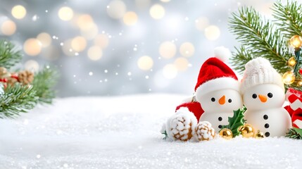 Festive snowmen winter scene, holiday card