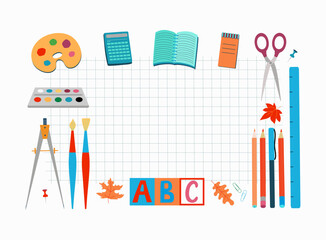 Banner stationery. School, office supplies. Frame, squared sheet. Academic year, education. September 1, Knowledge Day, place for text. Background isolated, squared paper.
