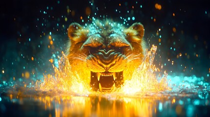Fierce lion cub emerging, water splash, night, sparks, fantasy art