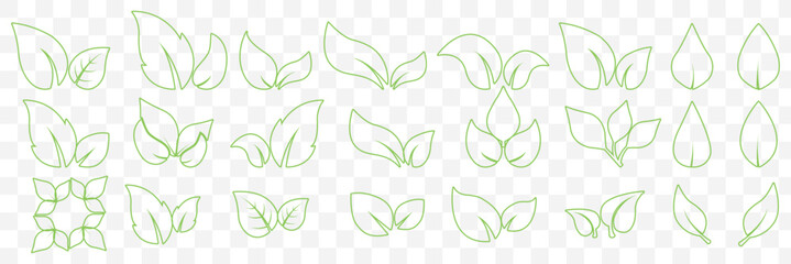 Flat Green Leaf Icon Set – Eco, Bio, Vegan Symbols for Nature and Organic Design in Editable Stroke on Transparent Background. EPS 10.