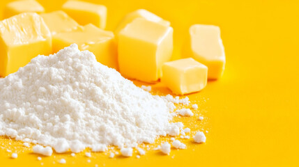 Flour, butter, baking, yellow background, recipe ingredient
