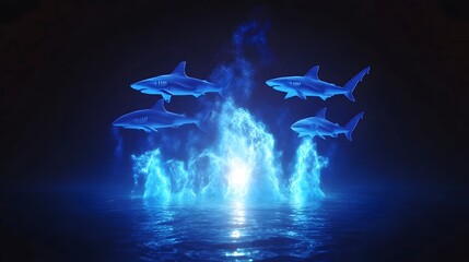 Four sharks leap over blue flames, dark water background