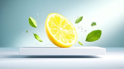 Fresh lemon half levitating, leaves falling, light background, product display