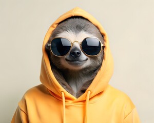 A sloth wearing sunglasses and an orange hoodie looks calmly at the camera in a closeup studio shot against a beige background