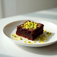 Chocolate cake brownie with pistachio nuts on a plate. Chocolate cake for a coffee shop, bakery store, business cards, menus, American European cuisine. Square banner, copy space, free space for text