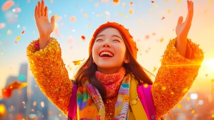 Girl joyfully catches falling petals, cityscape backdrop, autumn