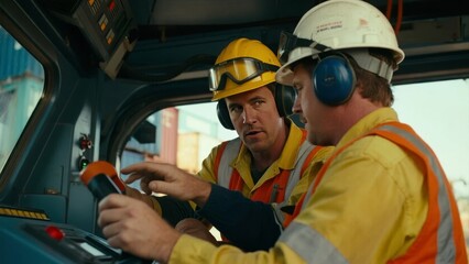 Two workers in safety gear operating heavy machinery controls inside a vehicle cabin.