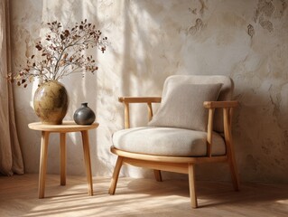 A wooden chair with a white pillow sits in front of a table. A vase with flowers sits on the table