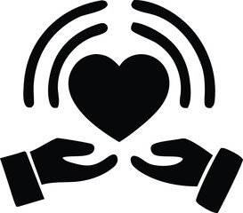 Hands cradling a heart with radiating waves symbolizing care connection and the transmission of love and positive energy to others