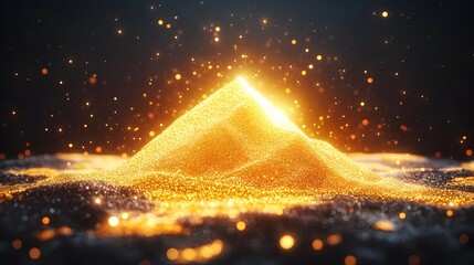 Glowing gold pyramid sand dune, dark background, bokeh