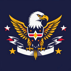 Obraz premium Majestic bald eagle with outstretched wings and patriotic symbols against a dark blue background