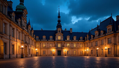 Naklejka premium Grand architectural courtyard facade illuminated at evening under a dark dramatic sky