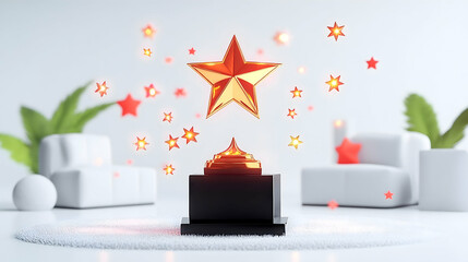 Gold star award levitating in minimalist room